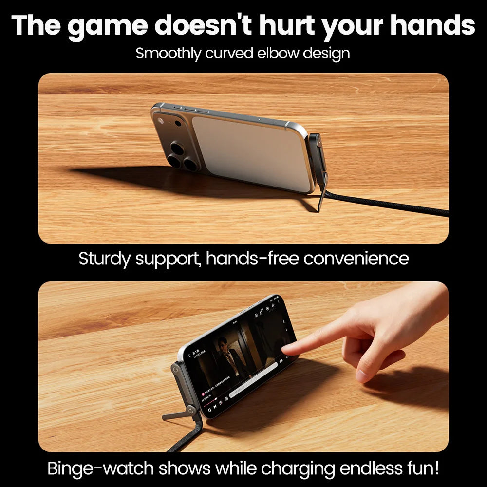 240W 2-in-1 Type C to USB C Fast Charging Data Cable Foldable Phone Holder Type C Fast Charging cabo For iPhone 17 Black/Orange