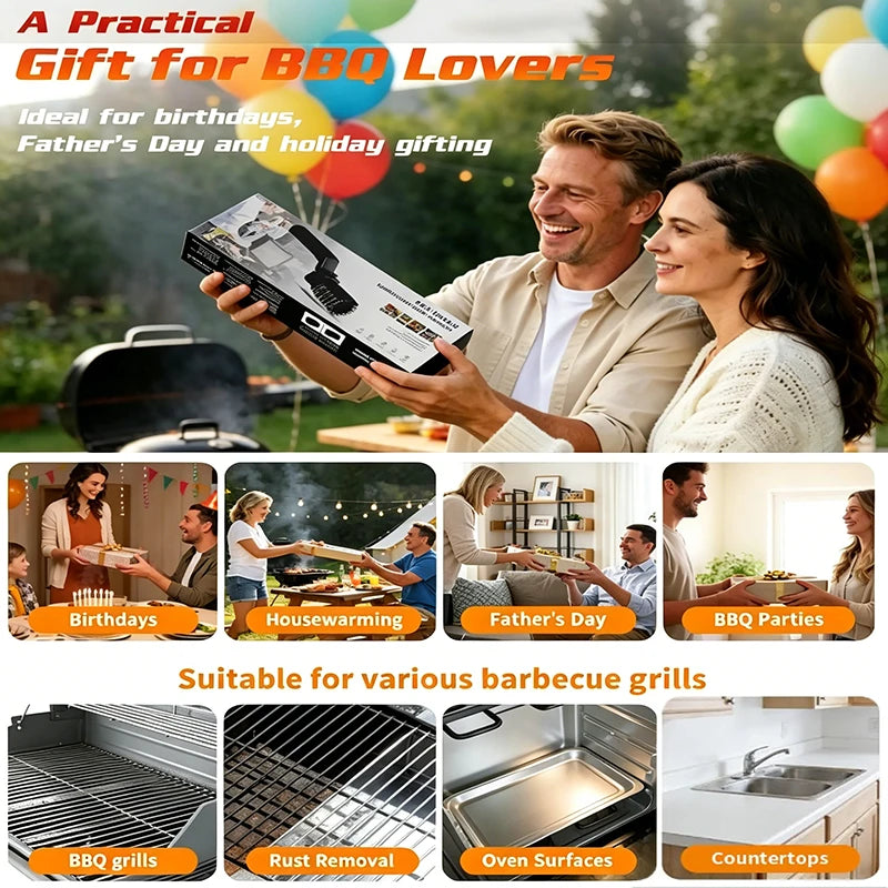 Built-in 4000mAh rechargeable battery with 3 adjustable speed modes. The rotating cleaning head delivers powerful scrubbing force to remove burnt grease, charred residue and food debris on grills without strenuous manual brus