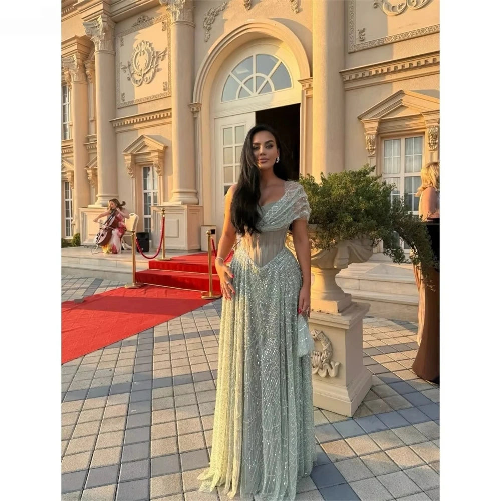 Mila Customized Sage Green A-line Beaded One Shoulder Prom Dress Elegant Pleats Formal Evening Floor-Length Vestidos De Fiesta