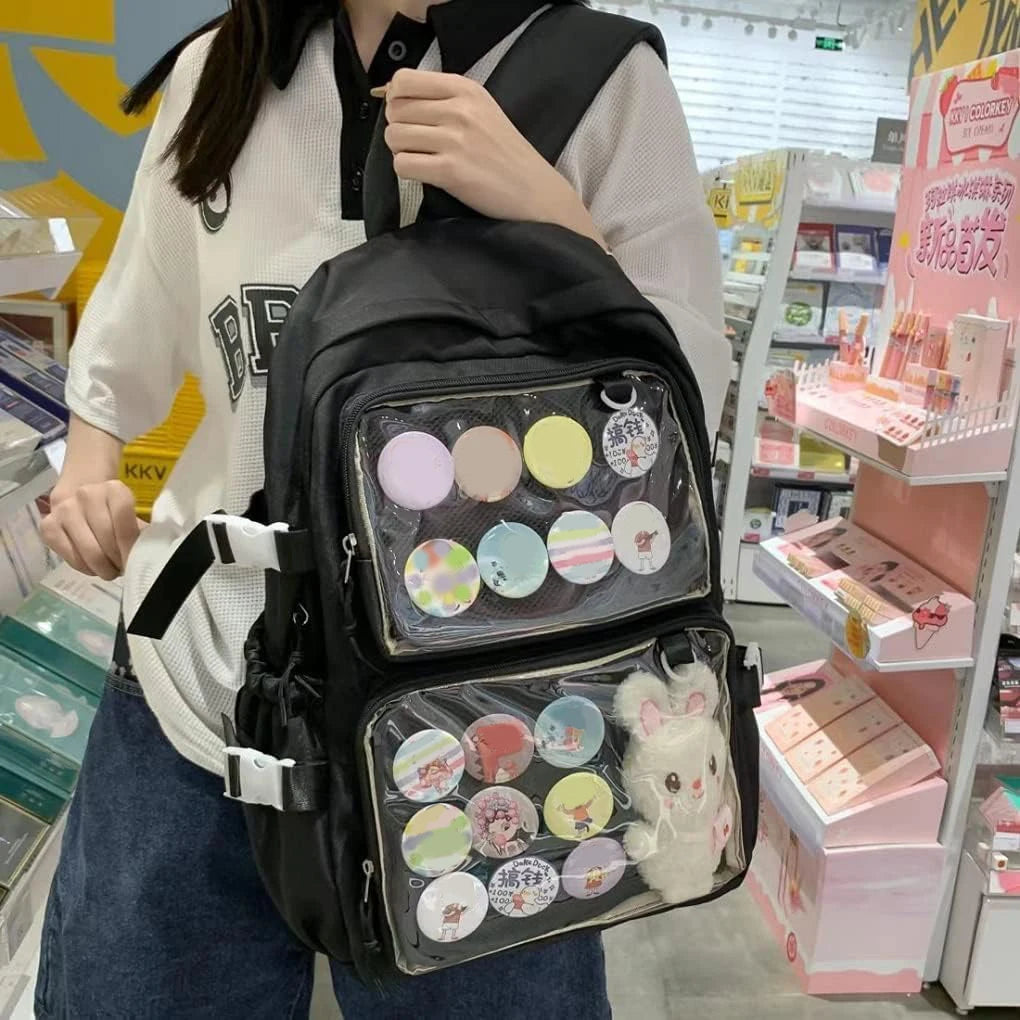 Clear Windows Fashion Women Backpacks for Women Teens DIY Badge JK Pin Display Backpack Solid Multi Pockets Ita Bags