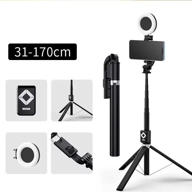 1.7m Extendable Live Tripod Selfie Stick Support LED Ring Dual Light Mirror Stand 4 in 1 Phone Mount for iPhone X 8 11 Android