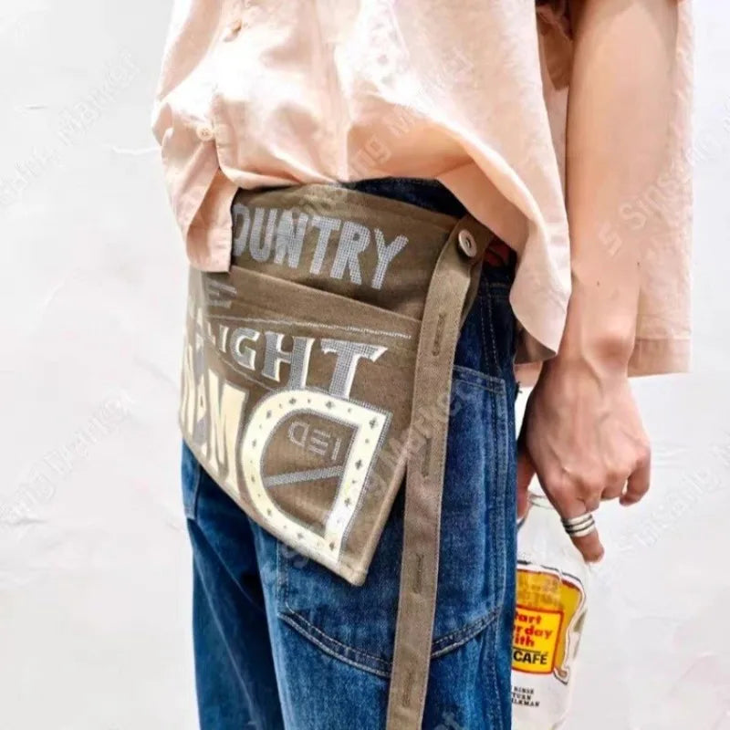 Vintage Letter Print Canvas Waist Bag for Women Multifunctional Crossbody Bag, Casual Apron Chest Bag, Streetwear Fanny Pack