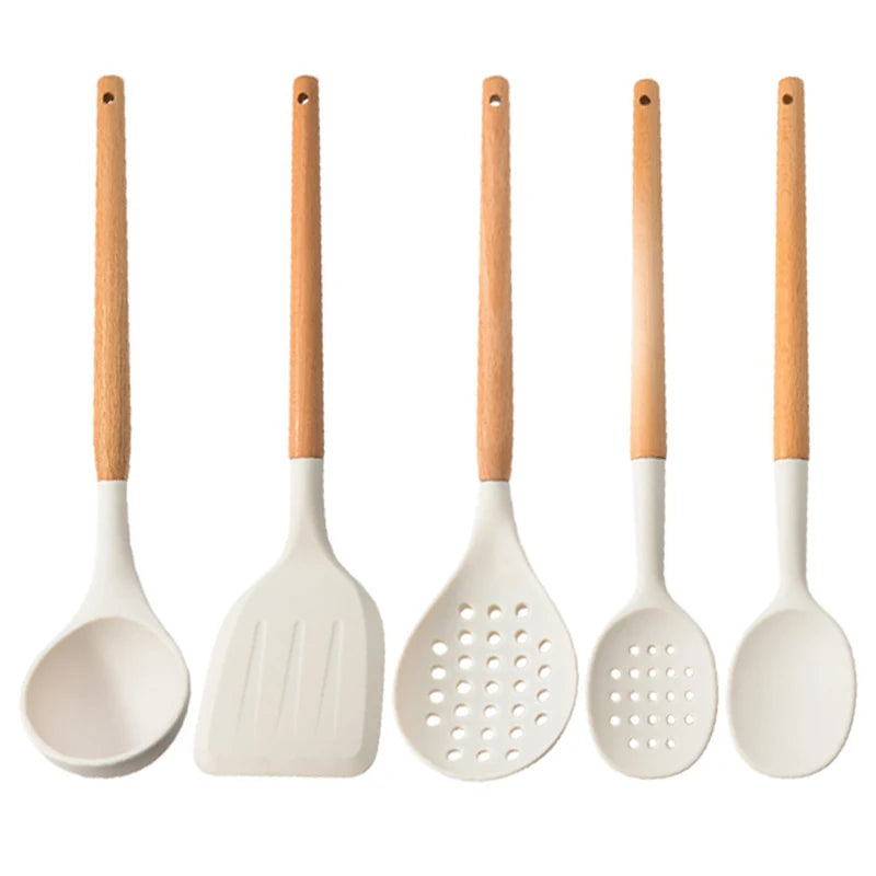 White Silicone Wooden Handle Soup Spoon Spatula Brush Scraper Pasta Egg Beater Non-stick Kitchen Cooking Tools Kitchenware