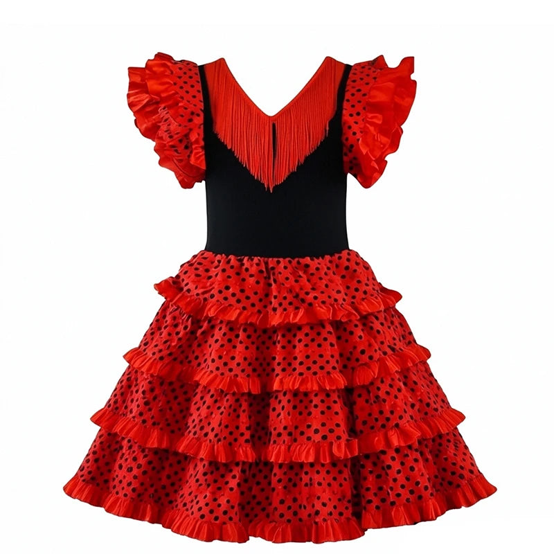 Girls Spanish Flamenco Dress Red Polka Dot Cake Puff Kids Carnival Halloween Party Stage Show Cosplay Festival Dance Costume