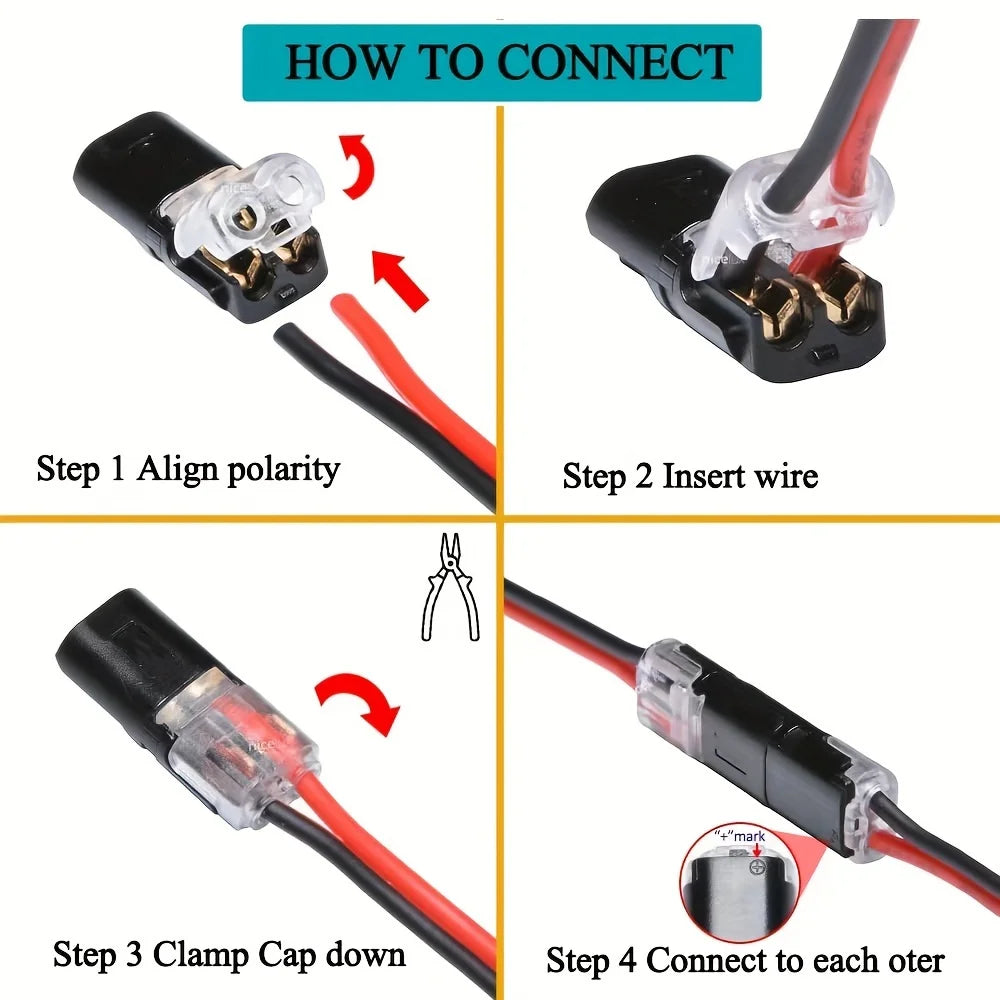20/40/60/100 Pcs Double-Wire Plug-in Connector with Locking Buckle-Pluggable LED Wire Connectors 2 Way Electrical Wire Connector