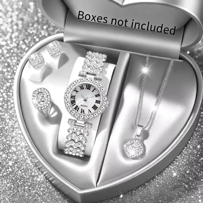 5PCS Elegant Rhinestone Women Quartz Watch Jewelry Set Fashion Ladies Bracelet Strap Wristwatches Reloj Mujer（Without Box）