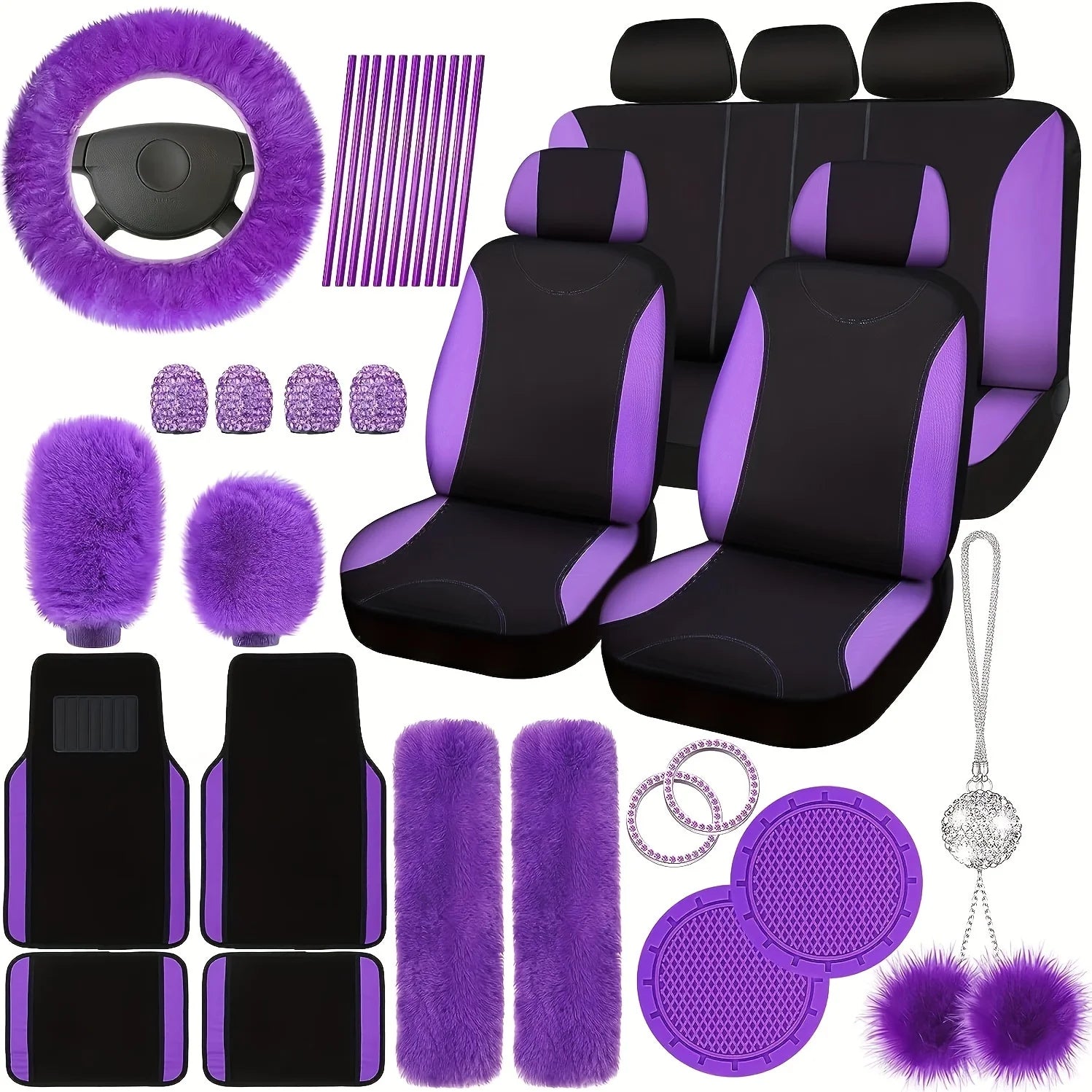 47 Car Seat Cover Full Set Car Accessories Car Seat Covers For Car Front Rear Seat Cover Fluffy Steering Wheel Cover Seat Belt Automotive Floor Mats Car Air Conditioner Decoration Strip