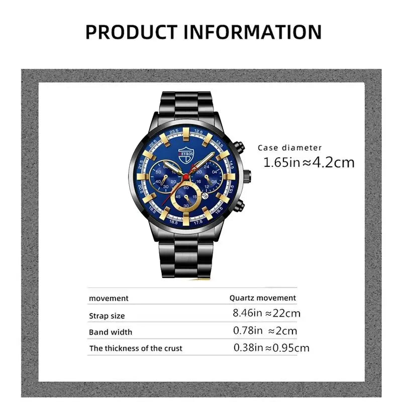 DEYROS 2pcs Luxury Black Quartz Watch & Bracelet For Men Business Fashion Round Calendar Watch Set