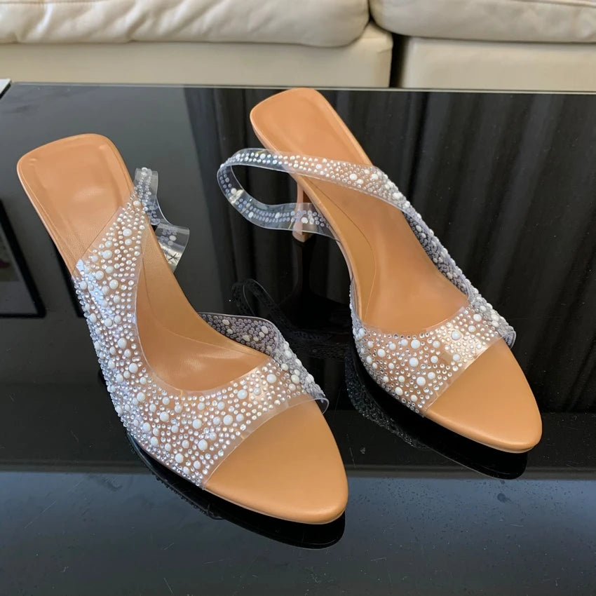 2025 Fashion Summer Women High Heels Pearl Decoration Slingback Woman Pumps Peep Toe High Heels Sandals Elegant Woman Shoes