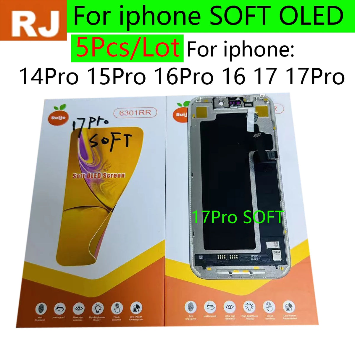 RJ SOFT OLED LCD Display Replacement For iPhone 16 12Pro 13pro 15pro 14pro 16pro 17pro Max 14 16 15 PLUS Touch Screen Digitizer