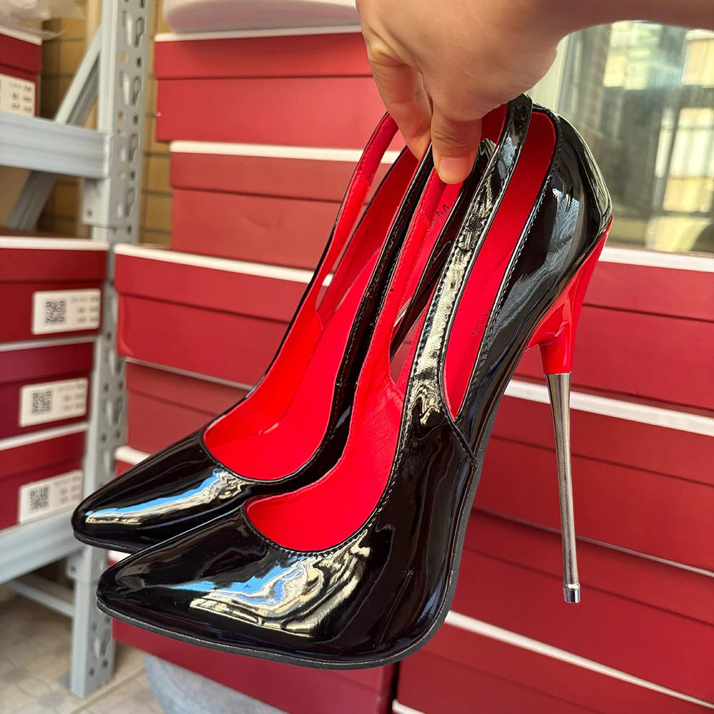 Tikicup 16cm Extreme Metal High Heels Women Black Sexy Red inside Pointy Toe Stilettos Fetish Model Party Unisex Shoes Size 46