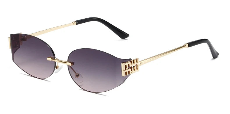 Rimless Oval Sunglasses Women UV400 Oversized Gradient Black Lenses Metal Frame Punk Decorative Glasses Men Goggles Female
