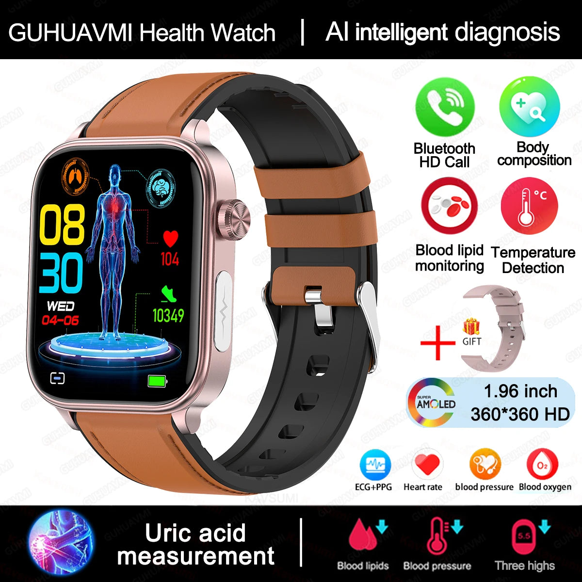 AI Diagnostic Detector Smart Watch Women Blood Lipid and Uric Acid Body Composition Test Women Menstrual Health Tracker 2025 New