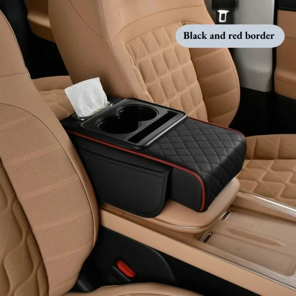 Auto Center Console Armrest Cushion With 2 Cup Holder PU Leather Armrest Pad Portable Car Amrest Pillow Cover Height Pad