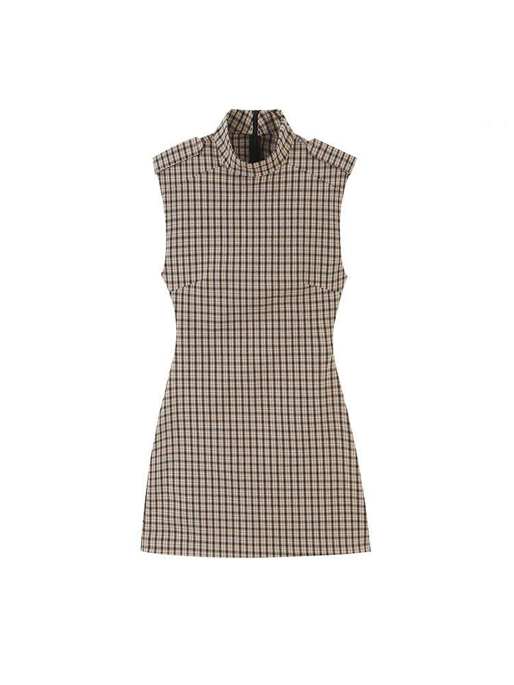 TFMLN Fashion Women Plaid Print Short Playsuits Vintage Stand Collar Elegant Sleeveless Back Zipper Slim Casual Rompers New