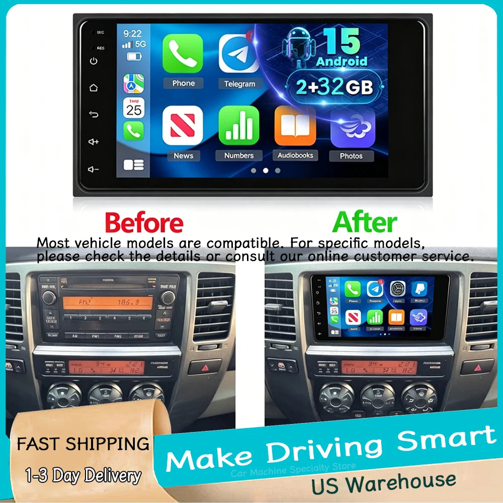 2+32GB Android 13 Car Stereo 7in Car Radio for Toyota 4Runner 2003-2009 with Carplay Android Auto Head Unit with WiFi GPS Bluetooth + AHD Backup Camera/Microphone