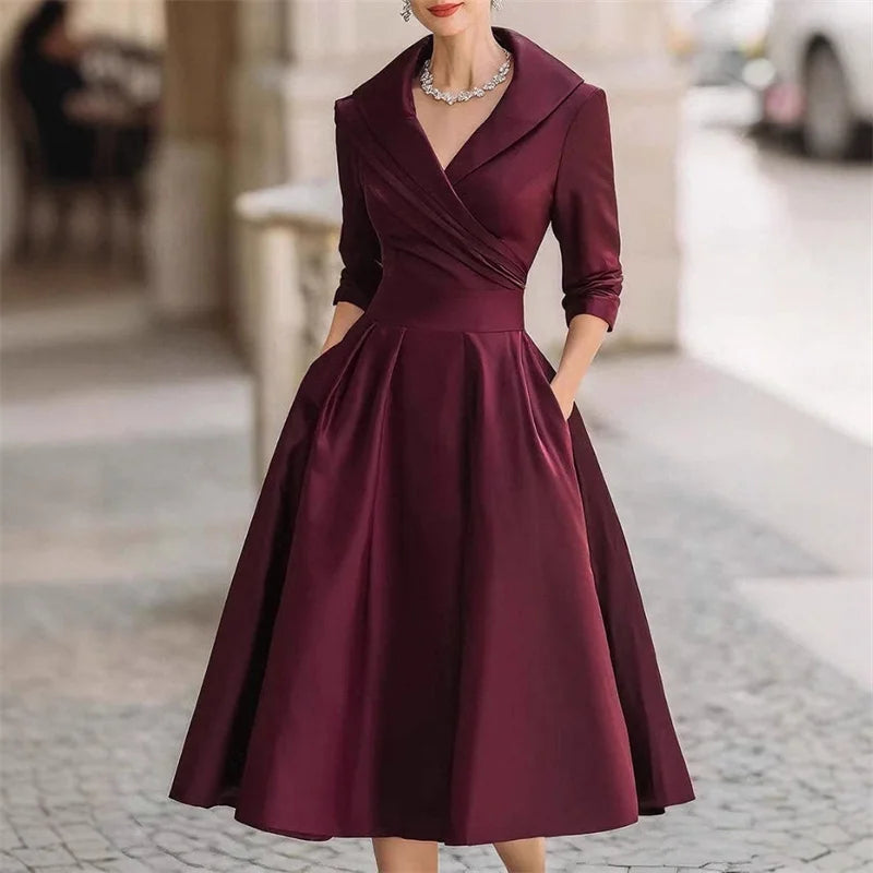 2025 Female Elegant Fashion Long Sleeve Temperament Slim Dress Spring Autumn Solid Casual Long Dress Lady Office A-line Dresses