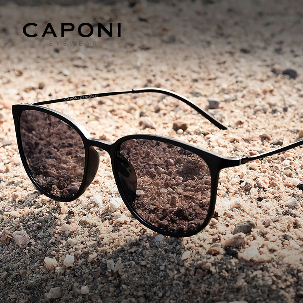 CAPONI Oval Men's Sunglasses Photochromic Polarized Sun Glasses For Men Protect UV Ray Super Light Driving Black Glasses BS520