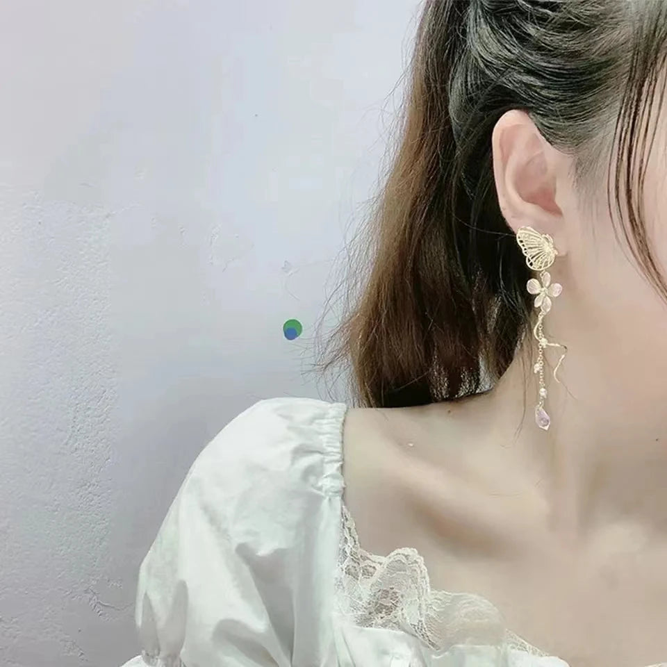 Korean Elegant Butterfly Earrings For Women Exquisite Crystal Zircon Long Tassel Flower Drop Earrings Girls Temperament Jewelry