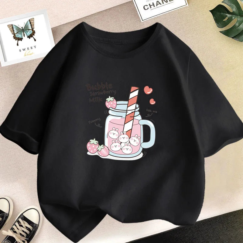 Strawberry Juice Graphic Print T-shirt Girls Aesthetic Pink Tops Tee 2023 Summer New Fashion Kids T Shirt