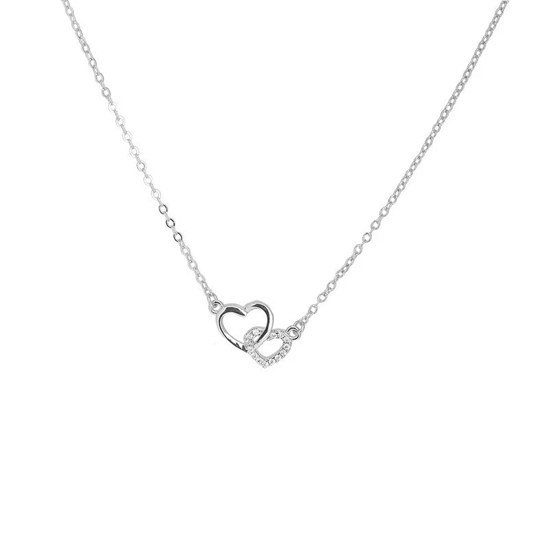 Charm Fashion Silver Color Stainless Steel Double Hearts Zircon Necklace for Women Exquisite Fashion Bride Collar Jewelry Gift