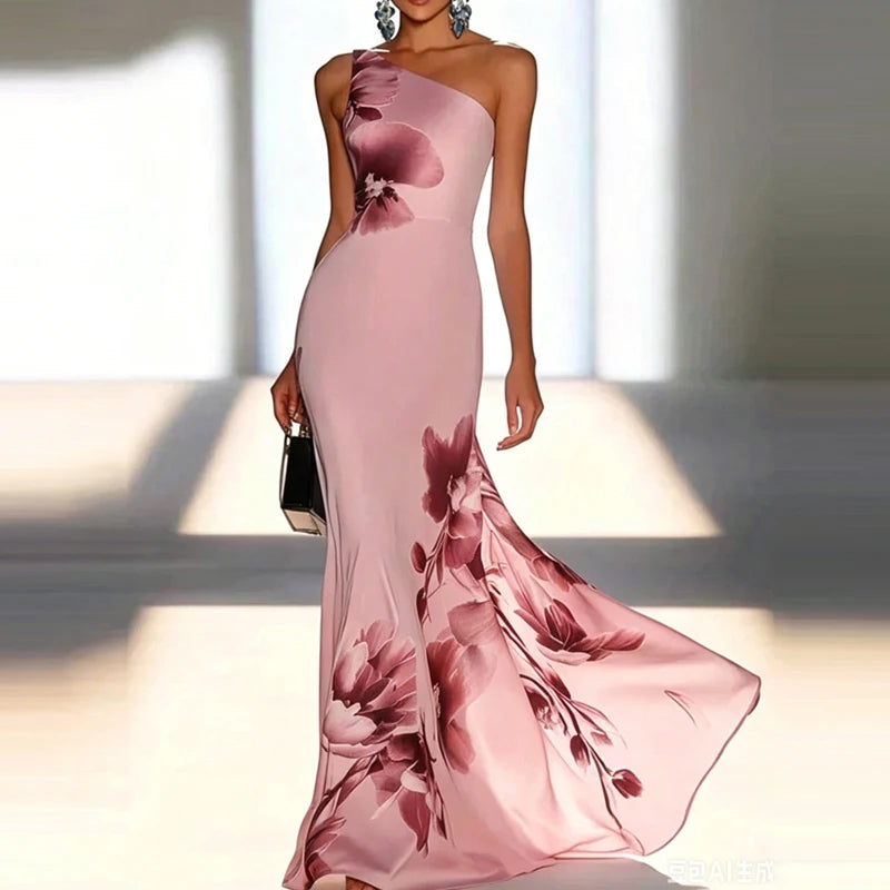 Elegant Print Hight Waist Holiday Dress Sexy Off Shoulder Sleeveless Slim Party Dress Women Fashion Backless Pleated Long Dress