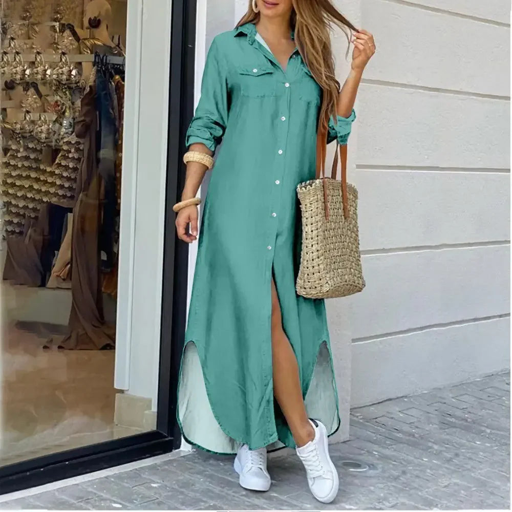 Women Shirt Dress Single Breasted Long Dresses Full Sleeve Turn Down Collar Solid Vestidos Shirts Pockets Split Casual 2025