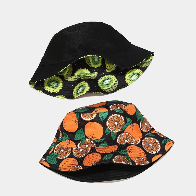 New Creative Fruit Pattern Fisherman's Hat Unisexdouble Sided Bucket Cap Uv Protection Panama Sun Caps for Girls Beach Hats