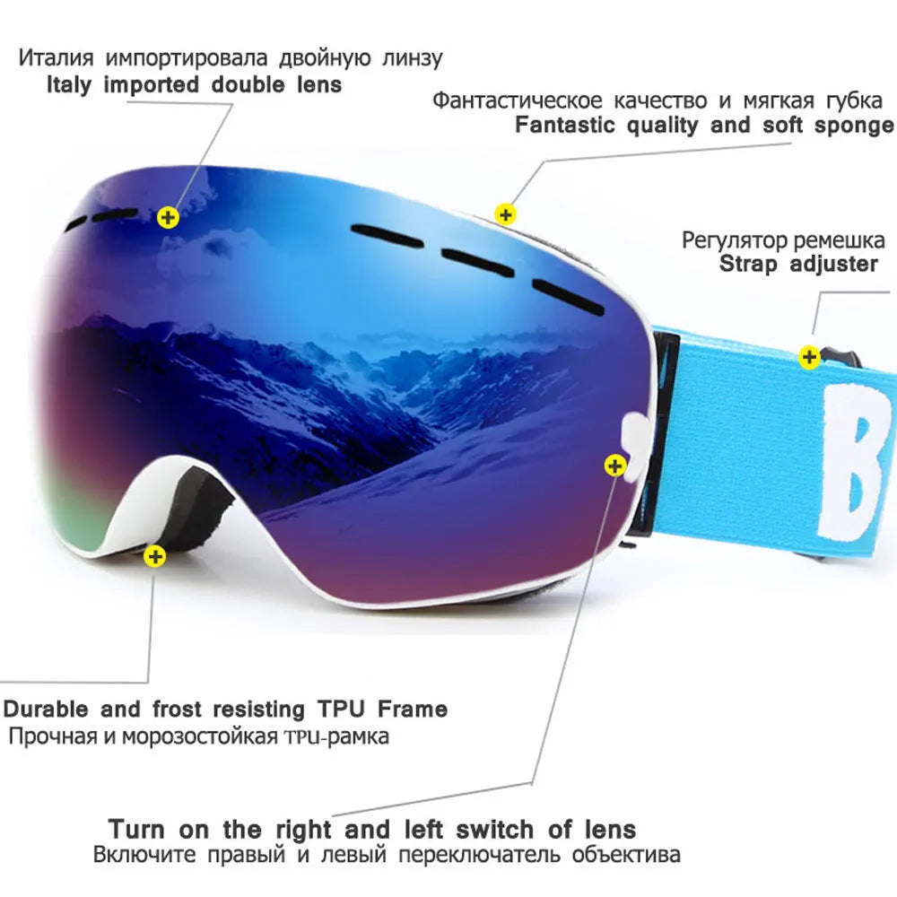 UV400 Anti-fog Double Layers Ski Goggles Big Lens Ski Mask Glasses Skiing Snow Snowboard Eyewear Mirror Polarize Goggles for men