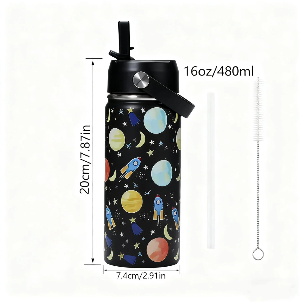 16oz Kids Water Bottle Cartoon Animal Children's Cup With Straw Stainless Steel Vacuum Flacks Thermos Bottle Thermal Mug Cups