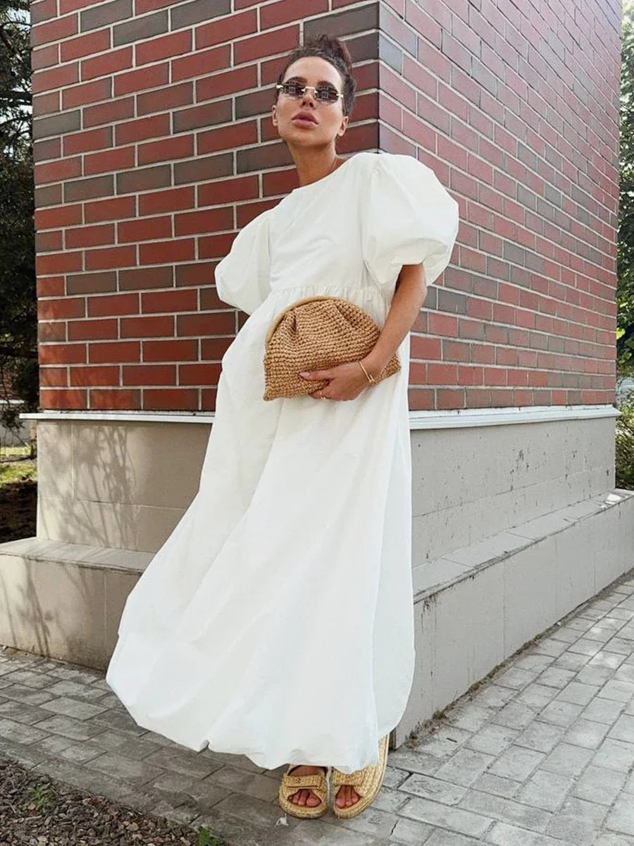 Bornladies Summer Cotton Women's Oversized Bubble Sleeve Dresses Fashionable Ladies O-Neck Chic Short Sleeve Loose Long Dress