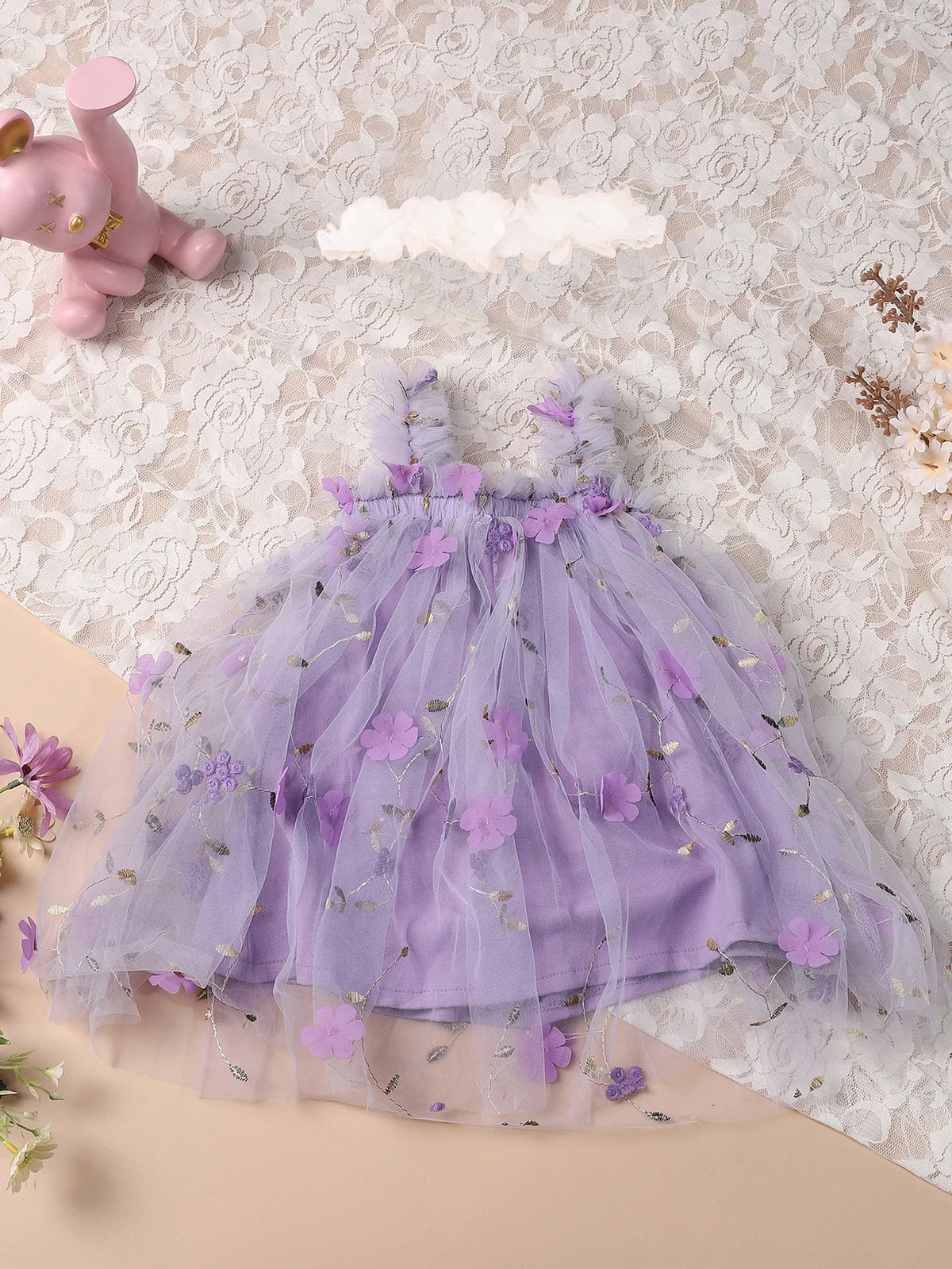 Toddler Baby Tutu Dress Sleeveless Embroidery Lavender Floral Print Tulle Dress Little Girl Princess Dresses And Flower Headband
