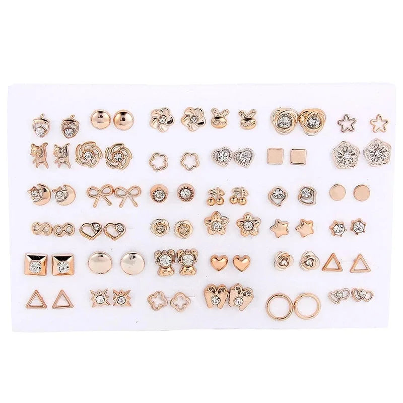 36pairs/set Silver Color Flower Stud Earring Set For Women Girl Crystal Bear Animals Earrings Jewelry Gift Mix Styles