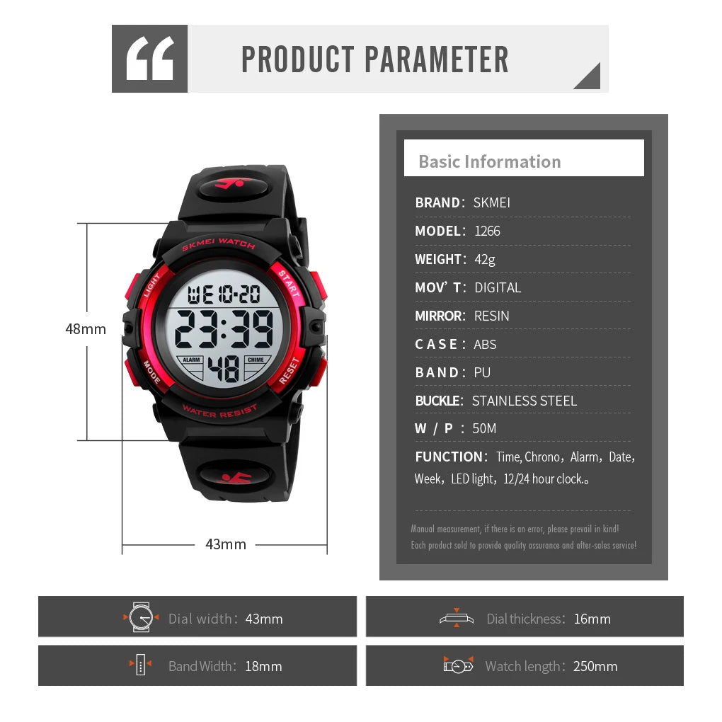 SKMEI Children LED Electronics Digital Watch Chronograph Clock Sport Watches 5Bar Waterproof Kids Wristwatches For Boys Girls