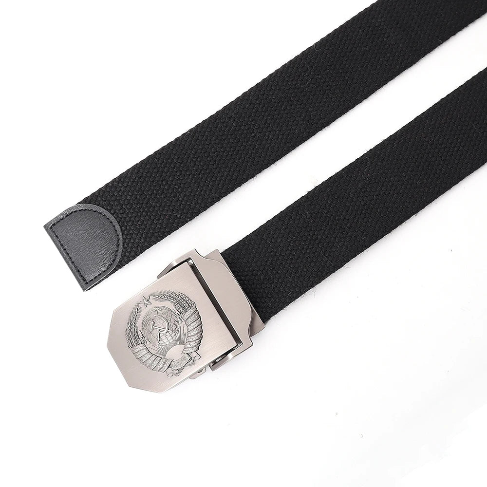 Mens Canvas Outdoor Tactical Army Belt 3D Soviet National Emblem Metal Buckle Unisex Jeans Belt for Men Military Training Belts