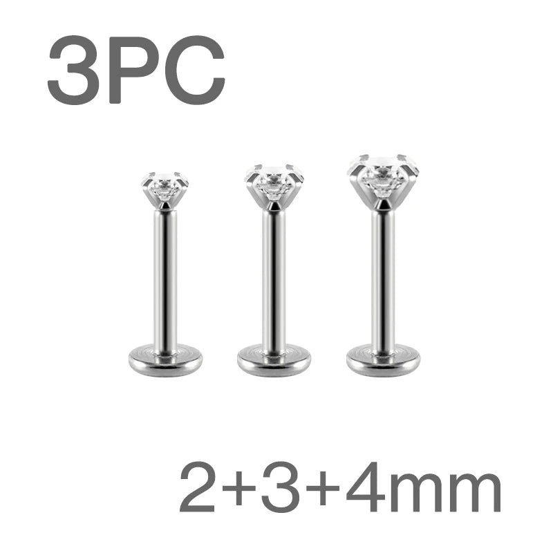 Surgical Steel CZ Flat Back Labret Stud 16G 6mm 8mm Internally Threaded for Cartilage Helix Tragus Lip Hypoallergenic Piercing