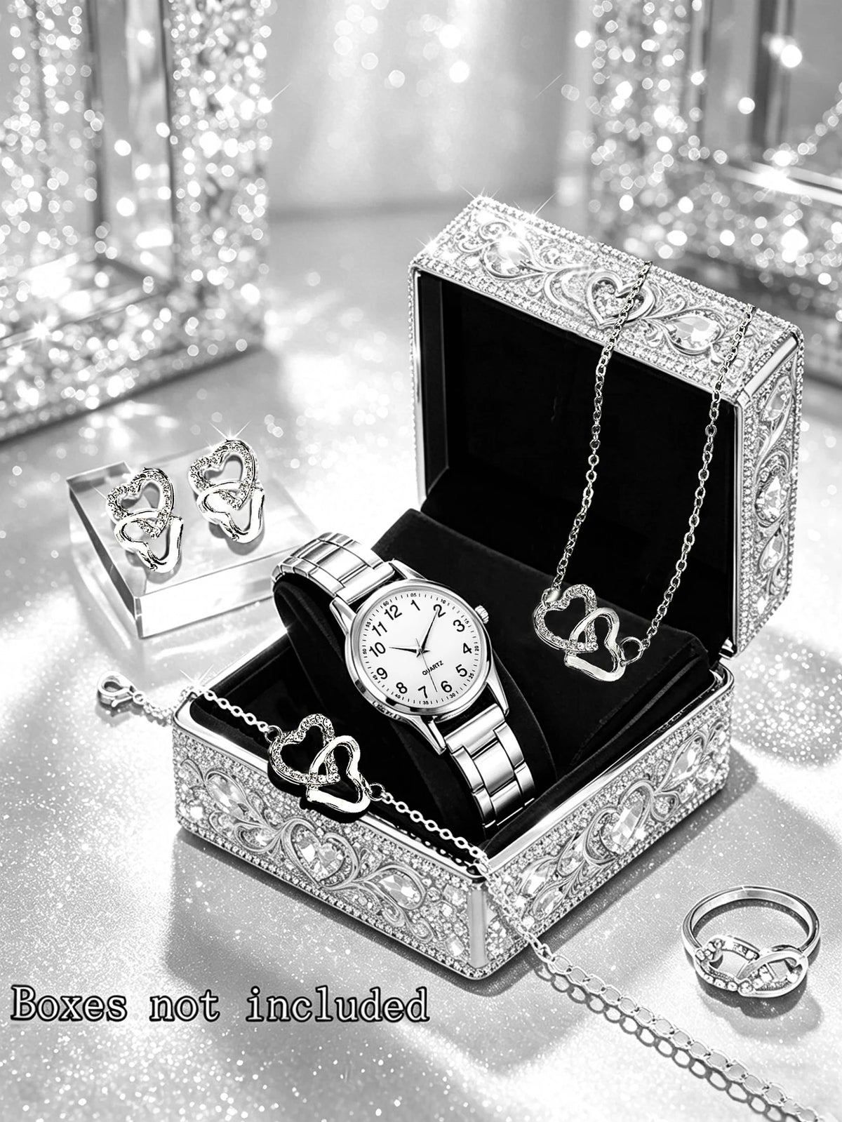 Ladies Casual Fashion Quartz Watch and Heart Jewelry Set with Steel Strap Birthday Gift Without Box