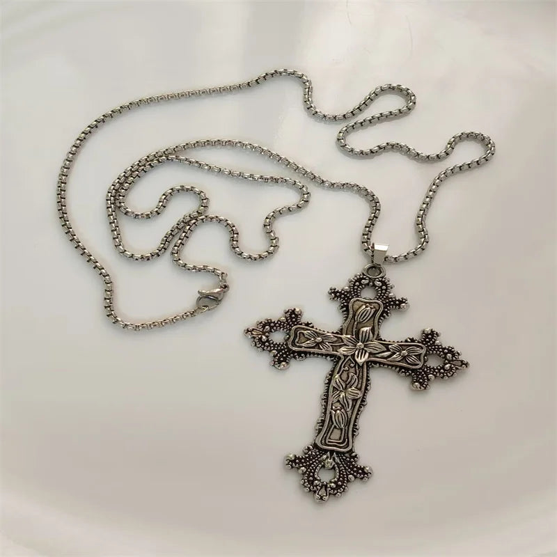 Vintage Cross Pendant Necklace Unisex Versatile Simple Long Sweater Chain Hip Hop Accessory