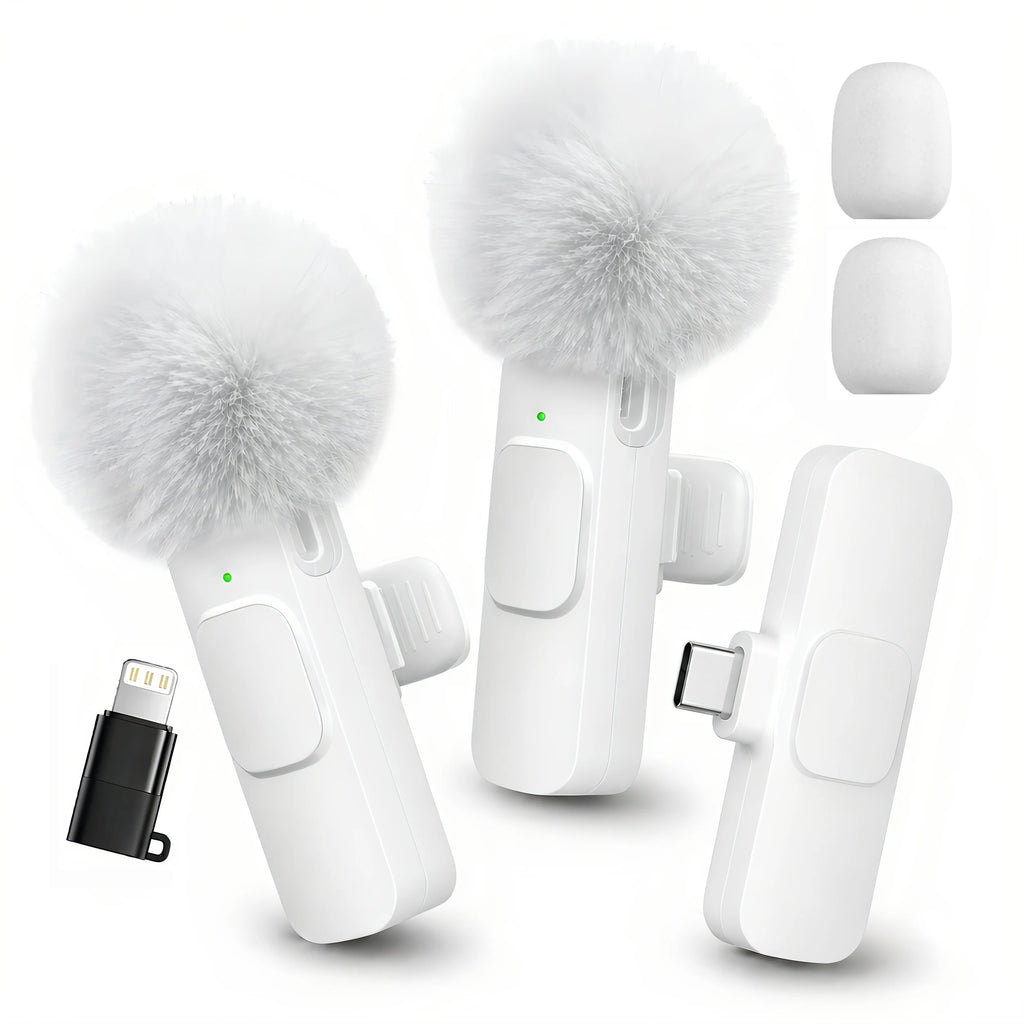 Wireless Lavalier Microphone with Furry Windscreen, Type-C&Lightning Adapter, Mini Clip Mic, Android, iPhone, Tablets, Laptops