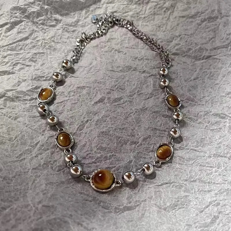 Boho Natural Tiger Eye Stone Beaded Necklace Set Multi Color Glass Butterfly Heart Leaf Star Charms Mixed Chain Necklaces for Wo