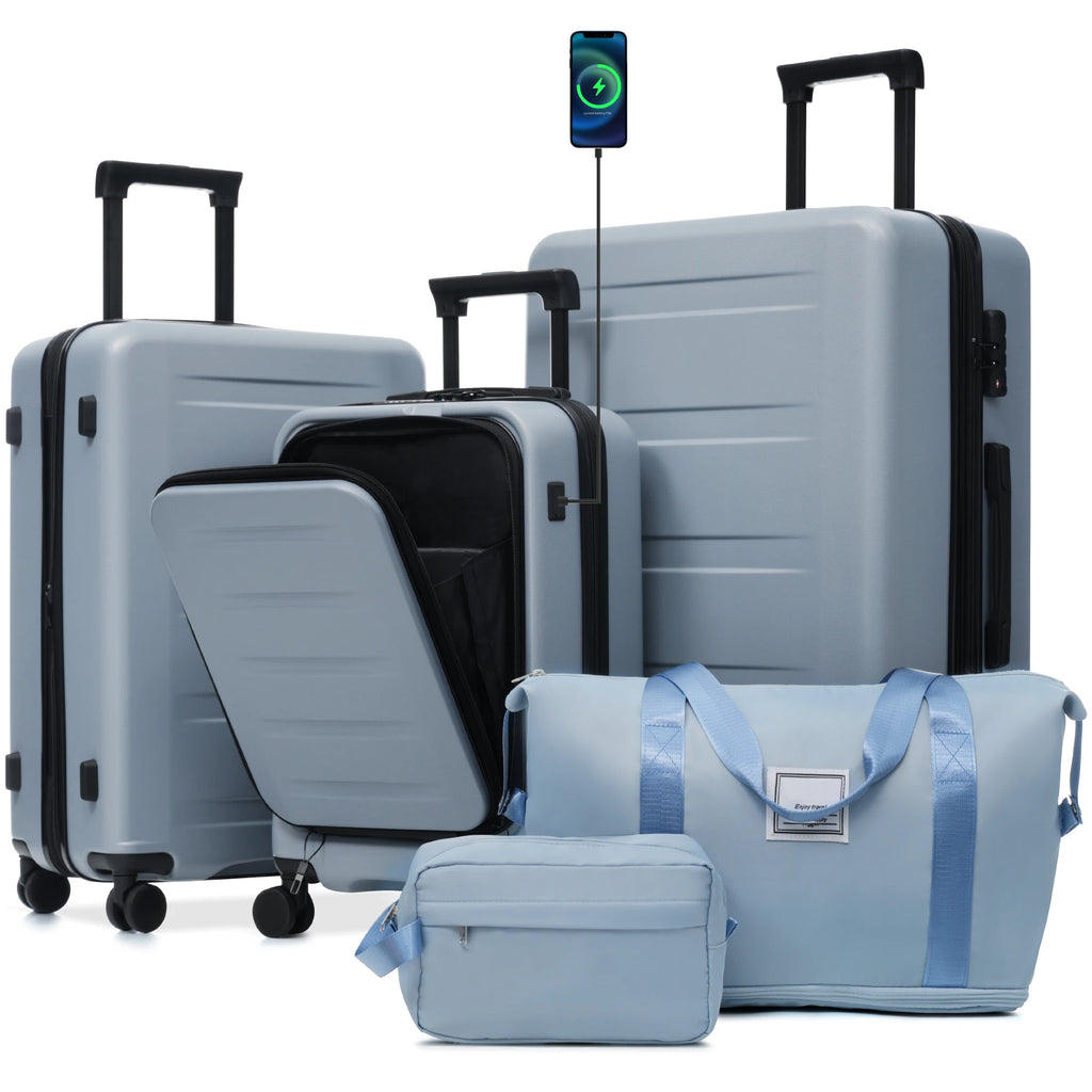 Luggage Sets 5 Piece with Front Opening, Hardside Expandable Carry On Suitcase Set with Double Spinner Wheel