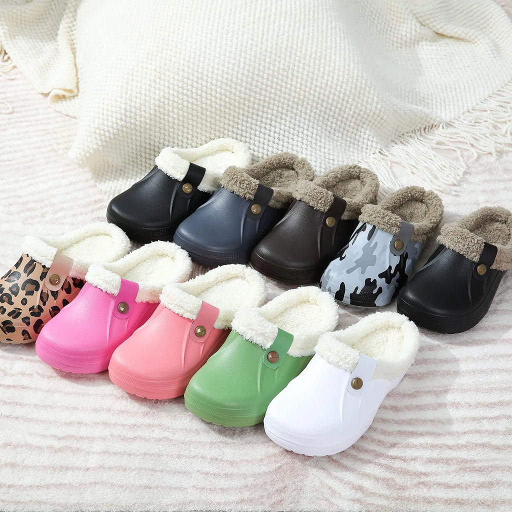 Comwarm Winter New Fuzzy House Slippers For Women Men Waterproof Garden Shoes Soft Plush Slippers Outdoor Warm Furry Clogs Slide