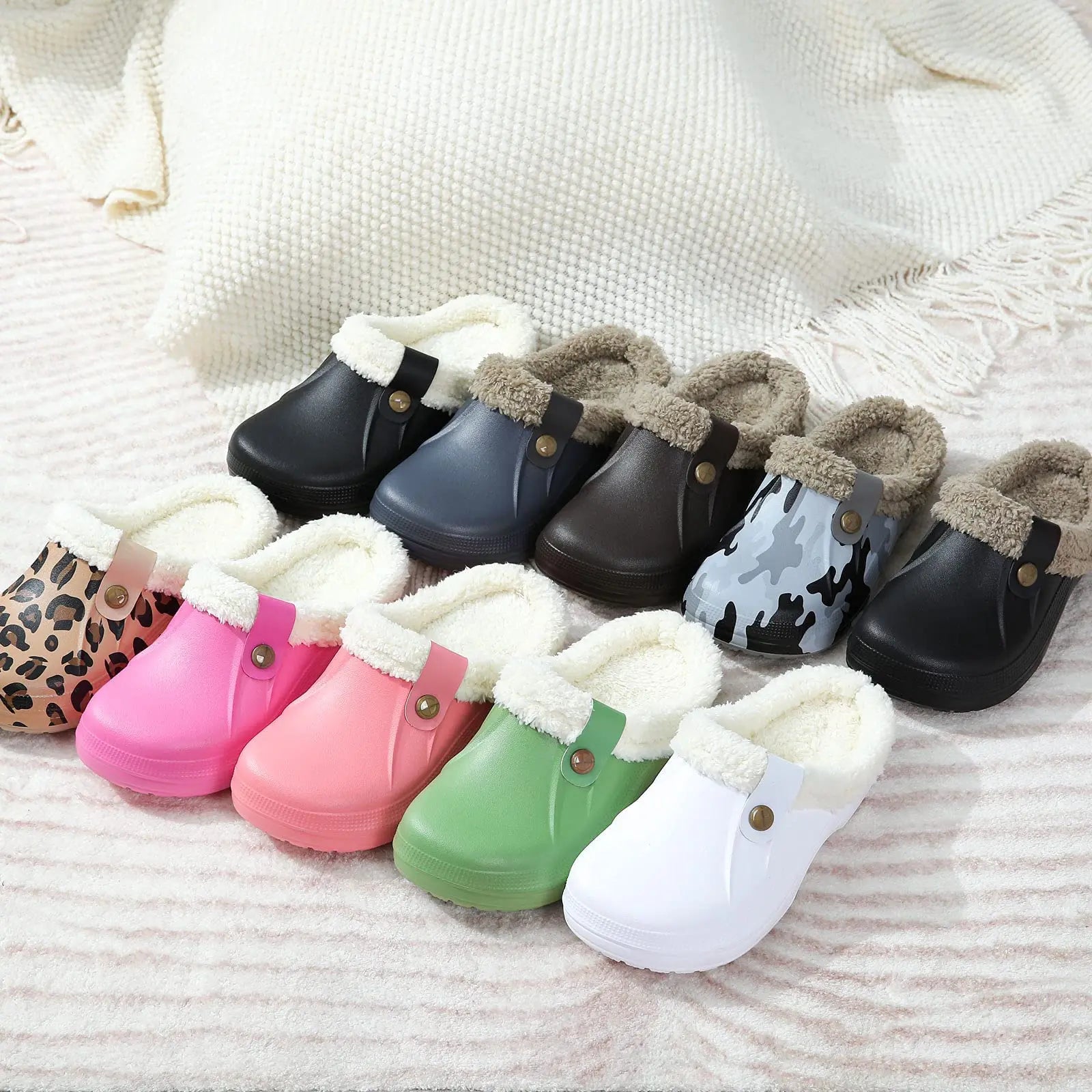Comwarm Winter New Fuzzy House Slippers For Women Men Waterproof Garden Shoes Soft Plush Slippers Outdoor Warm Furry Clogs Slide