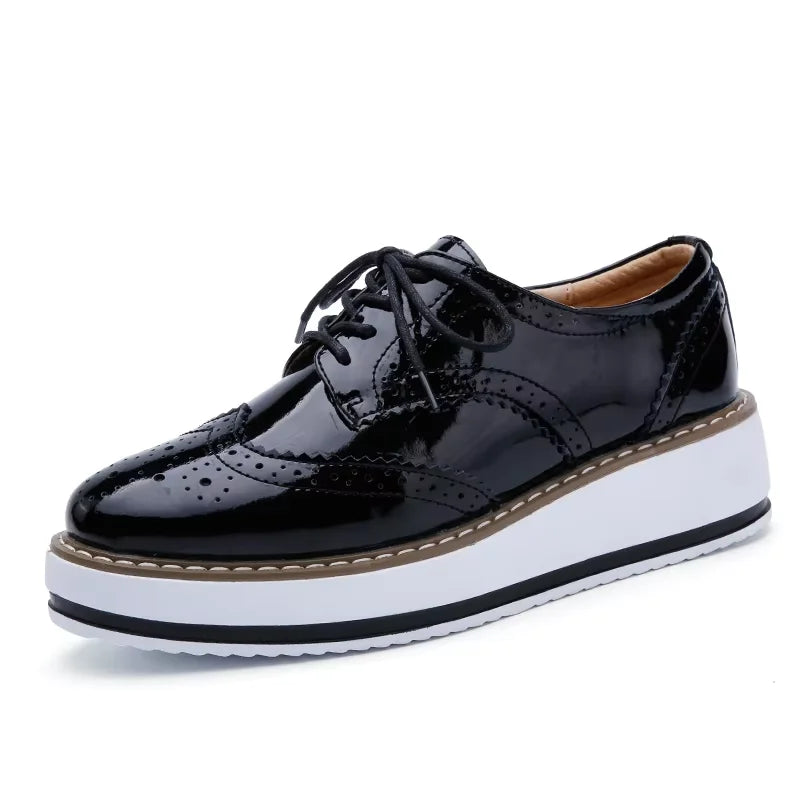 EOFK Spring Autumn Women Derby Platform Flats Brogue Leather Lace up Classic Bullock Footwear Gold Female Oxford Shoes Lady