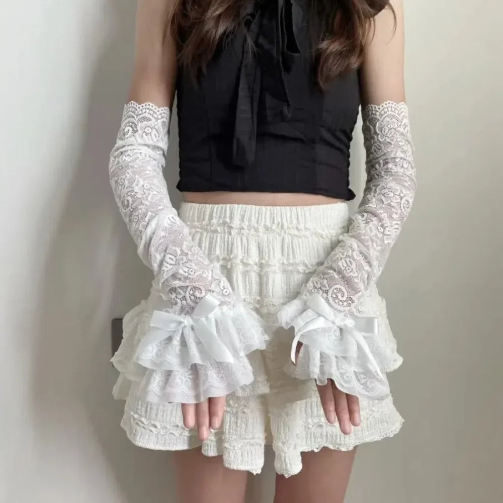 Graceful Lace Bowknot Womens Sleeve Sun Protection Hollow Out Lace Fingerless Gloves Y2K Bridal Wrist Gloves