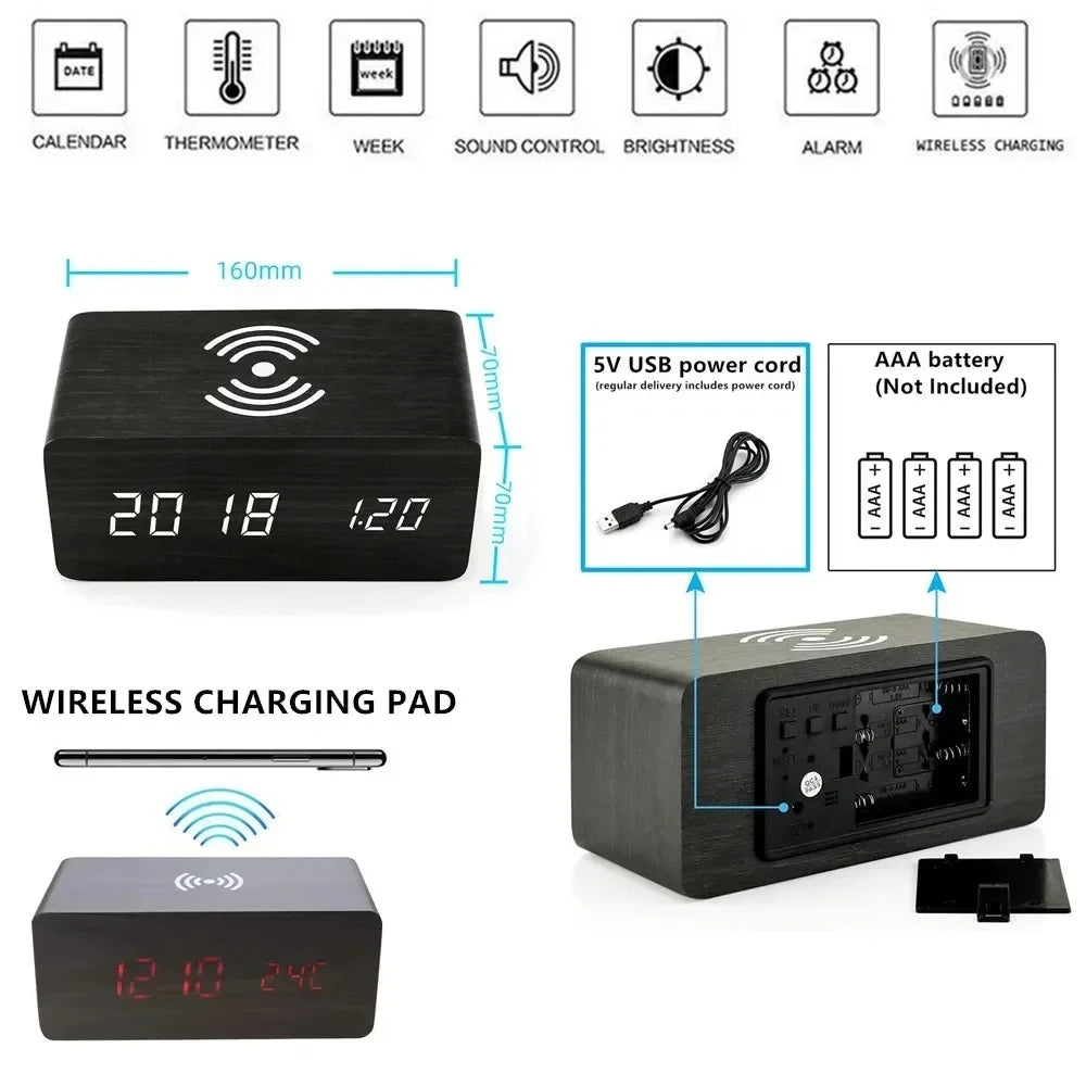 Wooden Digital LED Alarm Clock with Wireless Charging Time Date Temperature Display Desk Bedside Clock for Office