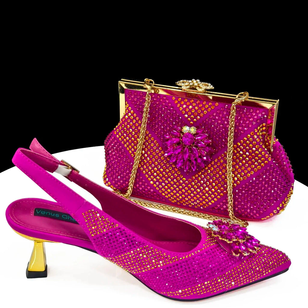 2024 Italian Design Rhinestone Luxury Wine Colour Pointed Toe Shoe & Bag Set Women's High Heels for Parties By Venus Chan