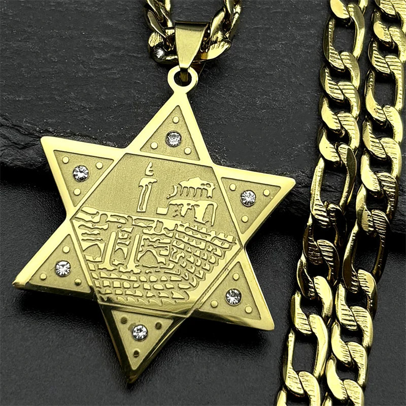 Hebrew Star of David Pendant Necklace for Women Men Stainless Steel Gold Color Jewish Bless Hip Hop Chain Amulet Jewelry Gift