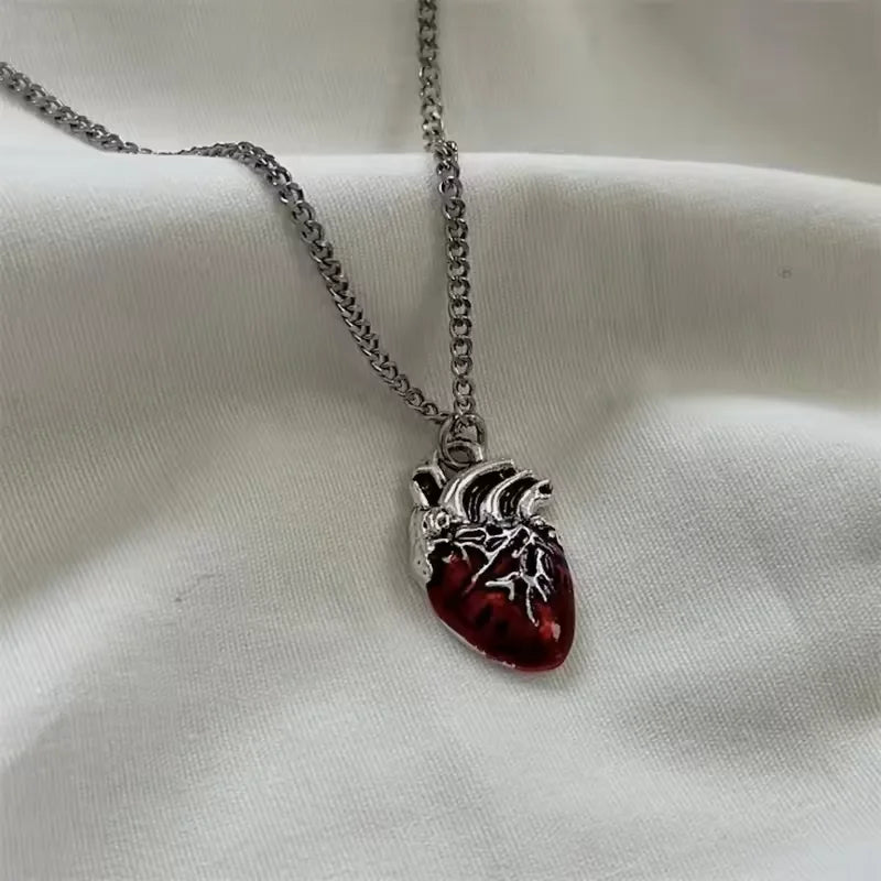 Anatomical Red Heart Necklace Gothic Y2K Grunge Jewelry Dainty Silver Color Tonebloody Red Human Heart Pendant Personalized Gift