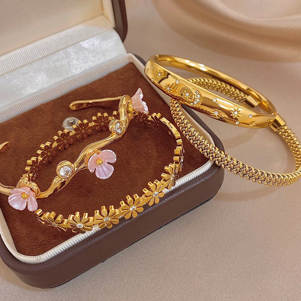 Delicate Zircon Flower Cuff Bangle Bracelets for Women Glossy Gold Plated Stainless Steel Wristband Bracelet Waterproof Jewelry